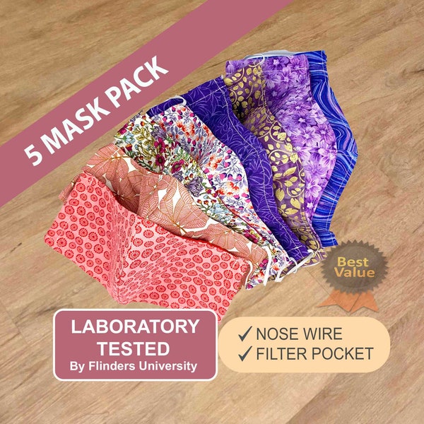 Face Mask bundle  5 Pack , Face mask with nose nose wire, Face masks for women, Face masks with pocket filter pocket, reusable mask
