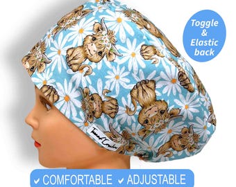 Highland Cow euro Scrub Cap Gift | Cute Surgical Hat with Satin Lining Option | Adjustable Cotton OR Cap | Nurse & Vet Tech Gift Idea