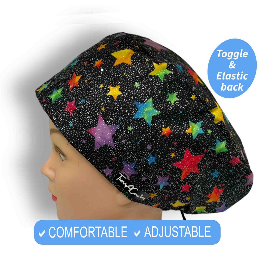 4-Pack Satin Lined Scrub Caps With Buttons – Adjustable Tie-Back Surgical Hats For Women & Nurses, Sweatband, Solid Colors (Black, Navy Blue)