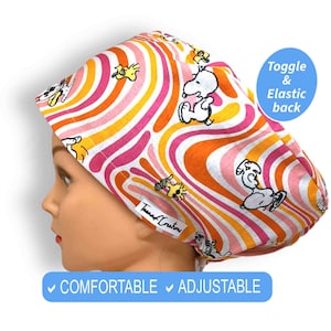 Cartoon Dog Scrub Hats | Optional Satin Lined Scrub Caps, Unisex anesthesia scrub cap, euro scrub cap, surgical cap, pediatric nurse gift