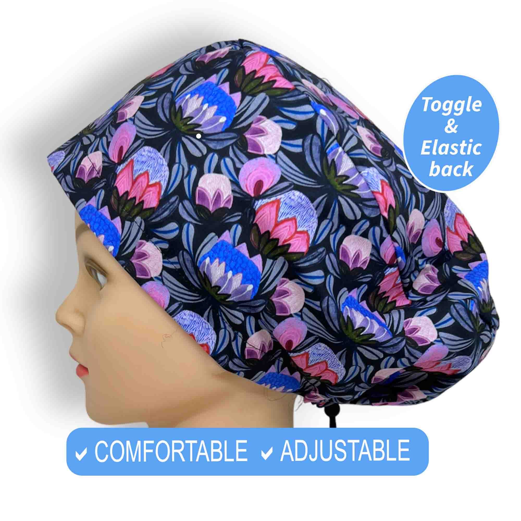 Floral Scrub Cap | Scrub Hats, Satin Lined Scrub Caps for women euro style, surgical cap with buttons, anesthesia scrub cap, Nicu nurse gift