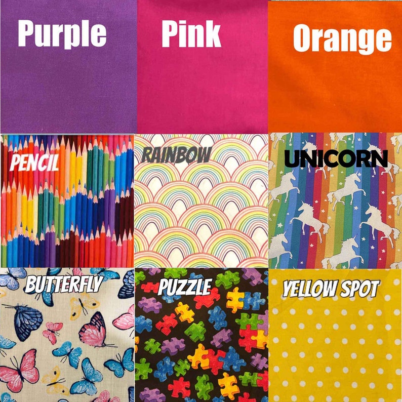 May include: A fabric swatch board with nine different fabric swatches. The swatches are arranged in a 3x3 grid. The top row has swatches labeled "Purple", "Pink", and "Orange". The middle row has swatches with patterns of colored pencils, rainbows, and unicorns. The bottom row has swatches with patterns of butterflies, puzzle pieces, and yellow polka dots.