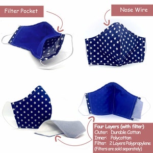 May include: A blue and white face mask with a white star pattern. The mask has a filter pocket and a nose wire. The mask is made of four layers: durable cotton, polycotton, and two layers of polypropylene. The filter is sold separately.