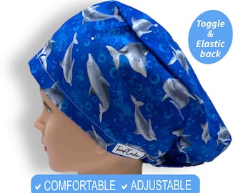 Dolphin print Euro Scrub Hats | Nurse Gift scrub cap optional Satin Lined
