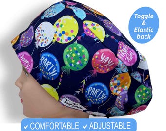 Satin lined scrub caps | Happy Birthday Scrub Hats, Euro Scrub cap optional buttons, pediatric Nurse Gift, surgical cap, ponytail scrub cap