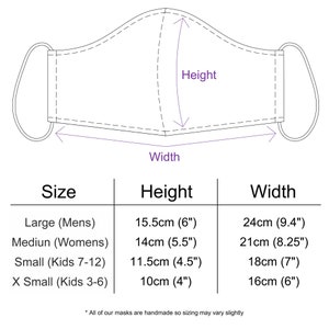 May include: A chart showing the different sizes of face masks with measurements in inches and centimeters. The chart includes the size, height, and width of each mask.
