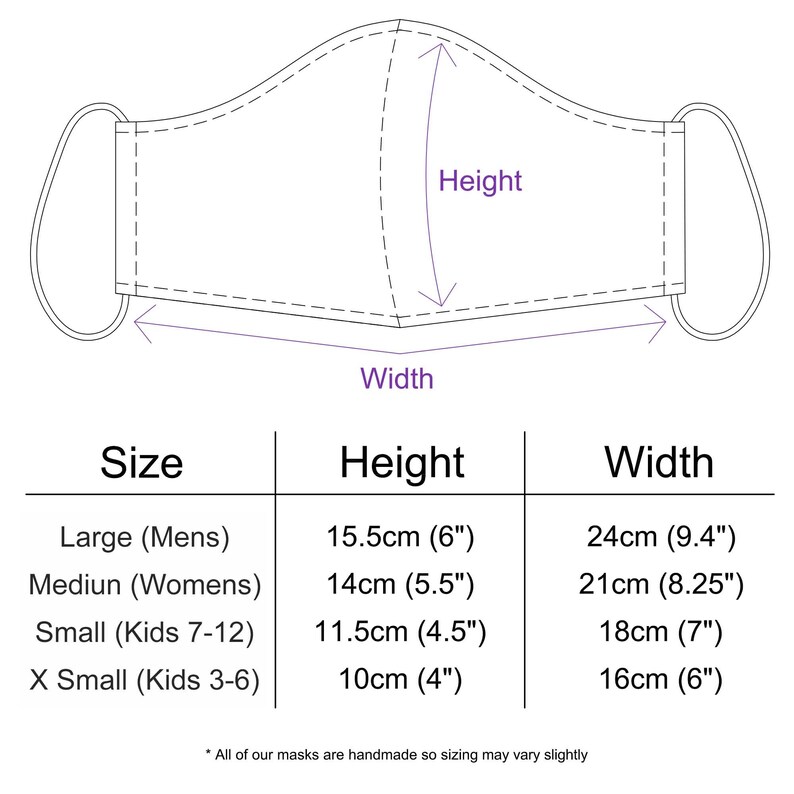 May include: A chart showing the different sizes of face masks with measurements in inches and centimeters. The chart includes the size, height, and width of each mask.