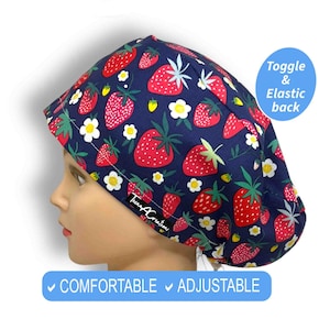 Scrub Cap | Scrub Hats, Satin Lined Scrub Caps for women euro style, Strawberry surgical cap with buttons, anesthesia scrub cap, nurse gift