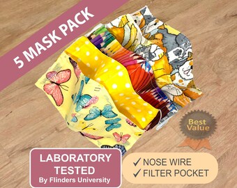Face Mask 5 Pack, Teacher Face Mask with Nose wire | Reusable Mask Filter Insert | Lightweight Summer Mask for glasses