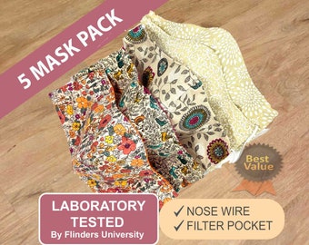 Face mask 5 pack with Nose Wire, Washable Face Mask with Filter Pocket