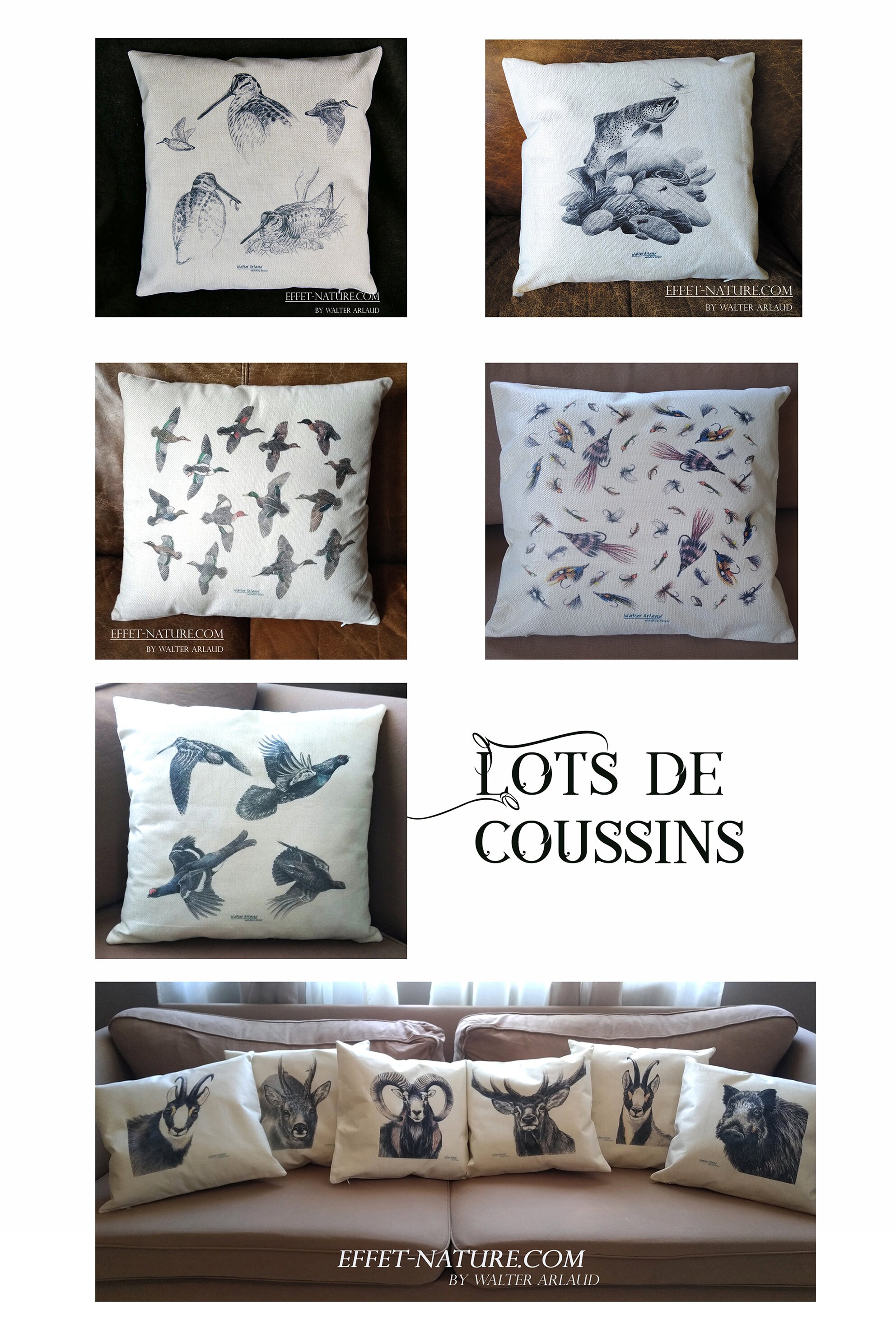 Lots de Coussins Animaliers en Toile Écrue | Aspect Lin Signés Par L'artiste Naturaliste Walter Arla