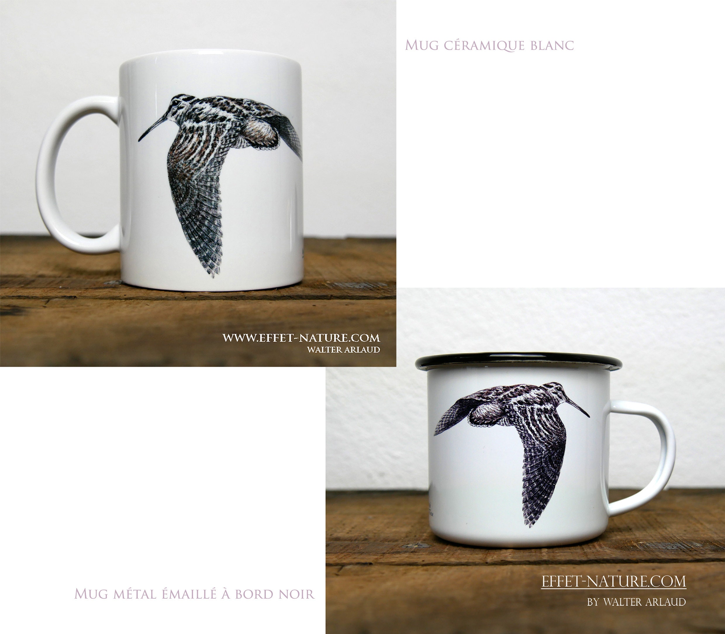 Mug Céramique Blanc ou Métal Émaillé à Bord Noir Illustration Couleur Envol Bécasse Signé Par L'arti
