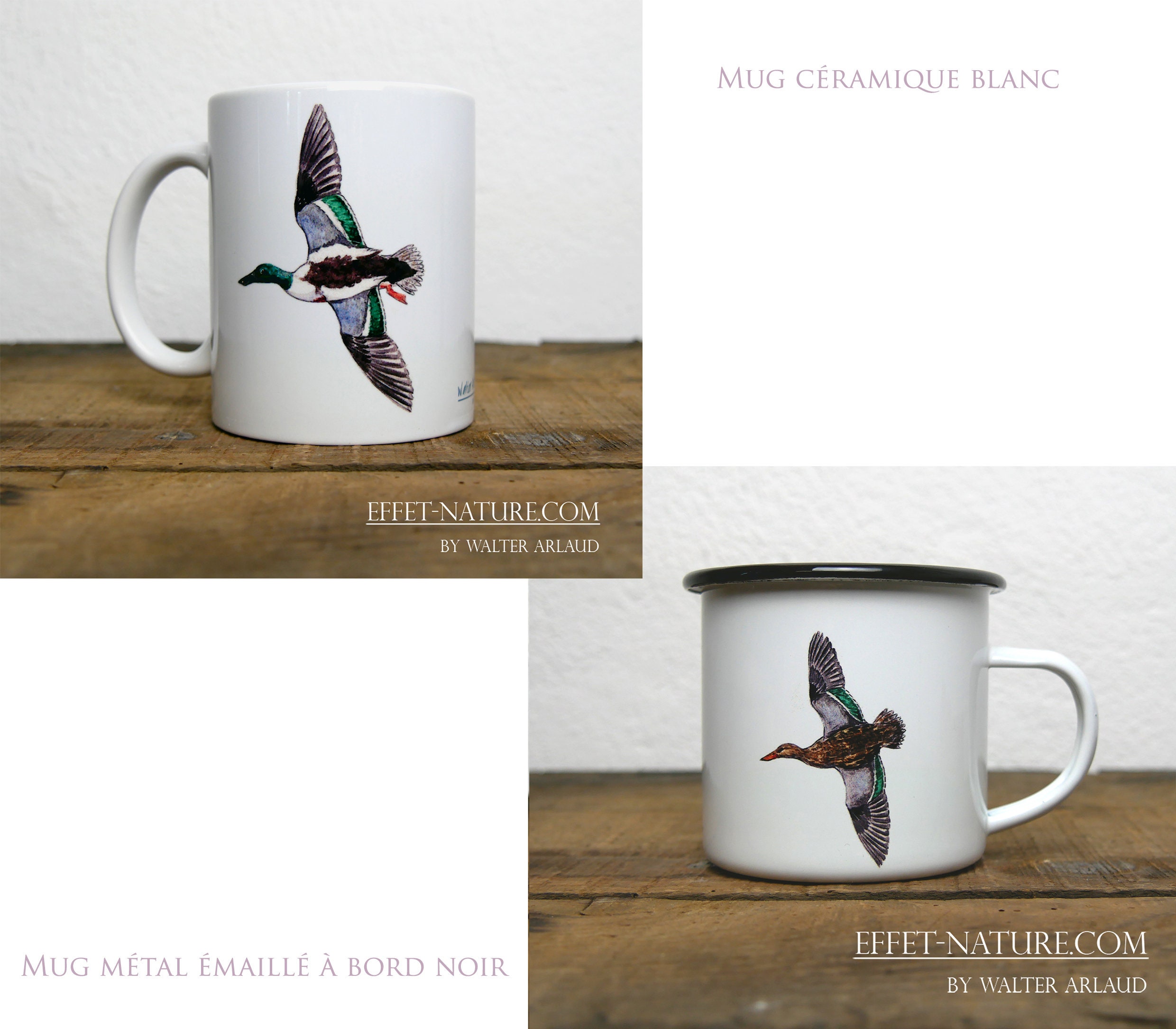 Mugs Céramique/Métal Illustration Canard Souchet | Mâle et Femelle Signée Par L'artiste Animalier Wa