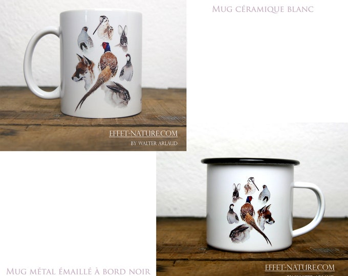Ceramic/metal mugs Animal portraits of woods and plains color illustration signed by animal artist Walter Arlaud