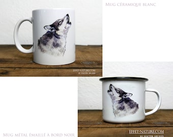 Ceramic mugs/Metal illustration Portrait Wolf signed by the animal artist Walter Arlaud canis lupus