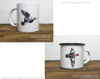 Ceramic/metal mugs illustration Ducks Whistler (male and female on the same mug) signed by animal artist Walter Arlaud