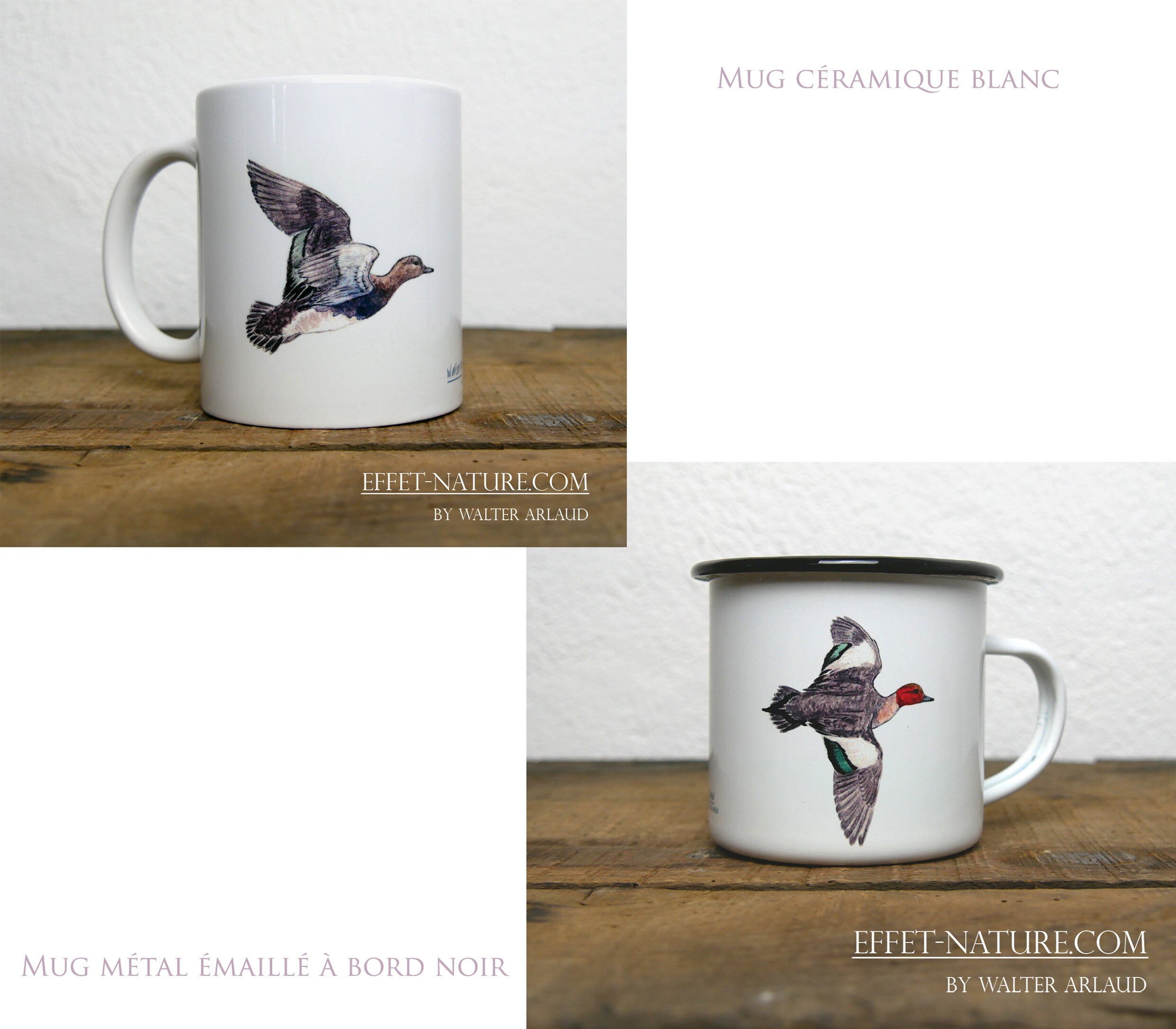 Mugs Céramique/Métal Illustration Canards Siffleur | Mâle et Femelle sur Le Même Mug Signée Par L'ar
