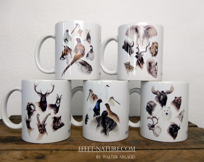 Animals of the world Collection of 5 white ceramic mugs signed by animal artist Walter Arlaud
