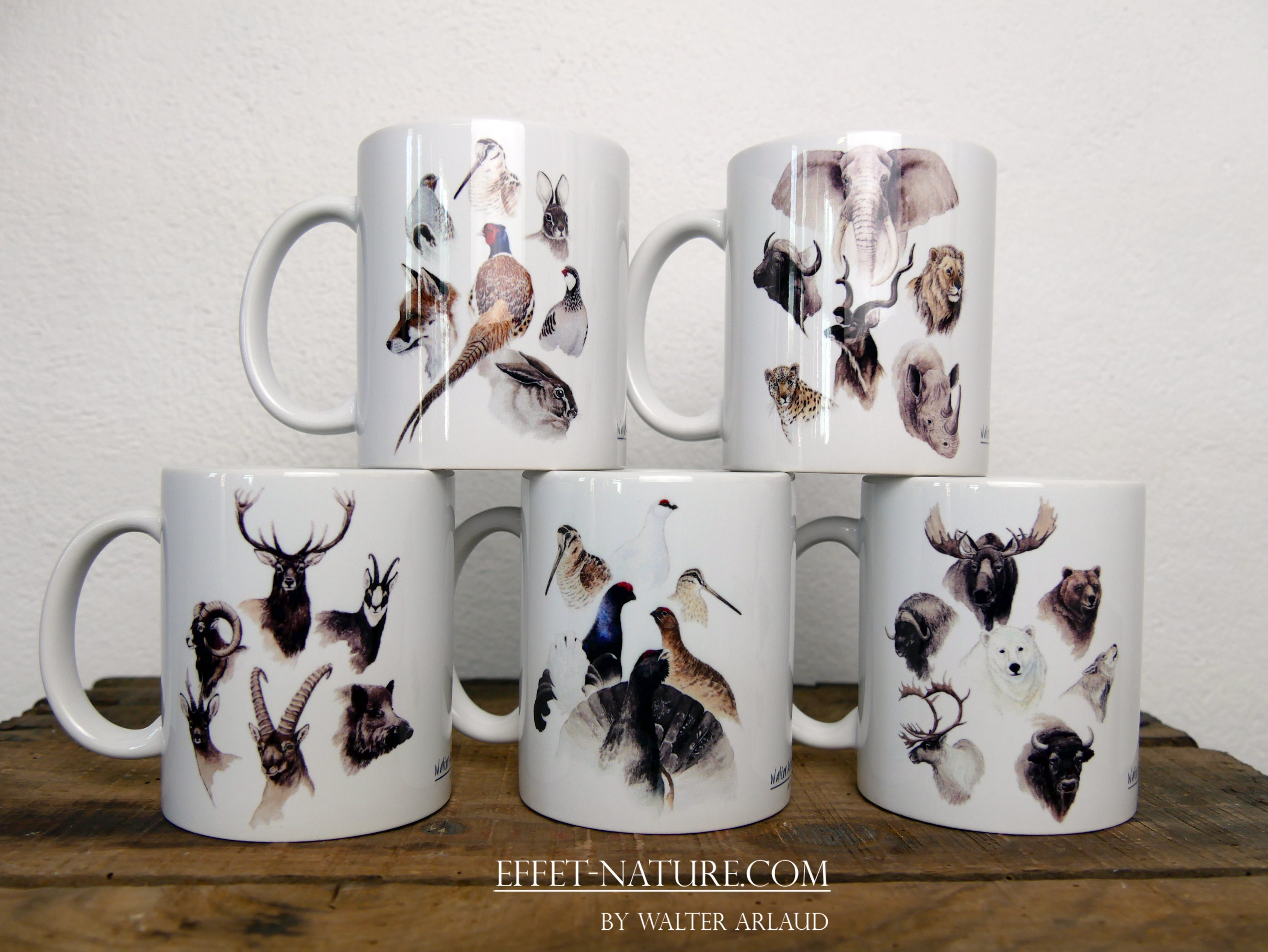 Lot de 5 Mugs Céramiques Blancs Collections Animaux Du Monde Signé Par L'artiste Animalier Walter Ar