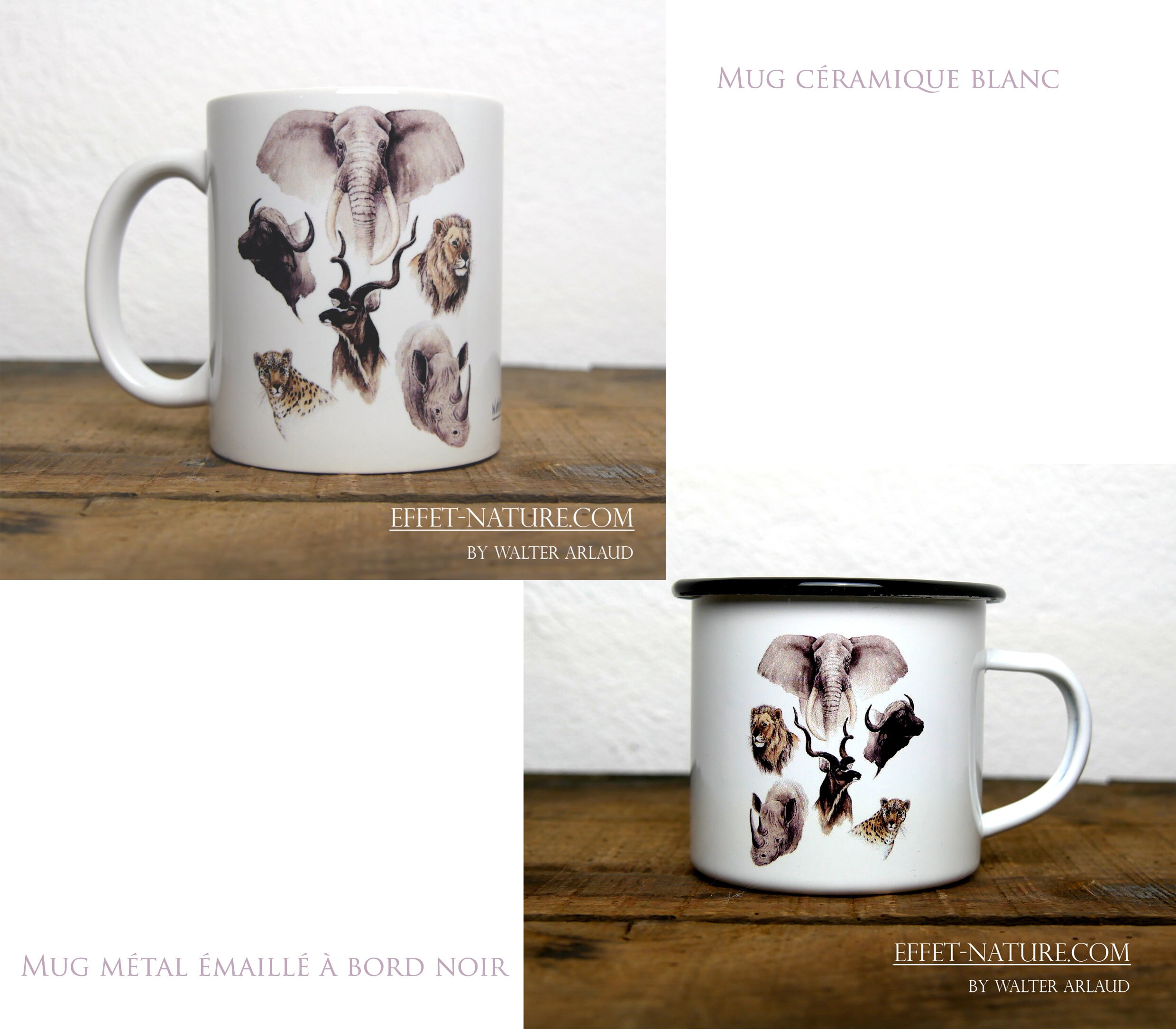 Mugs Céramique/Métal Portraits Grands Animaux d'afrique Illustration Couleur Signée Par L'artiste An