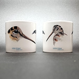 Può includere: Due tazze in ceramica bianca con dettagliate illustrazioni ad acquerello di uccelli. Ogni tazza presenta un diverso profilo di uccello, con piumaggio marrone, nero e bianco. La firma dell'artista, "Walter Arland Wildlife Artist", è stampata.