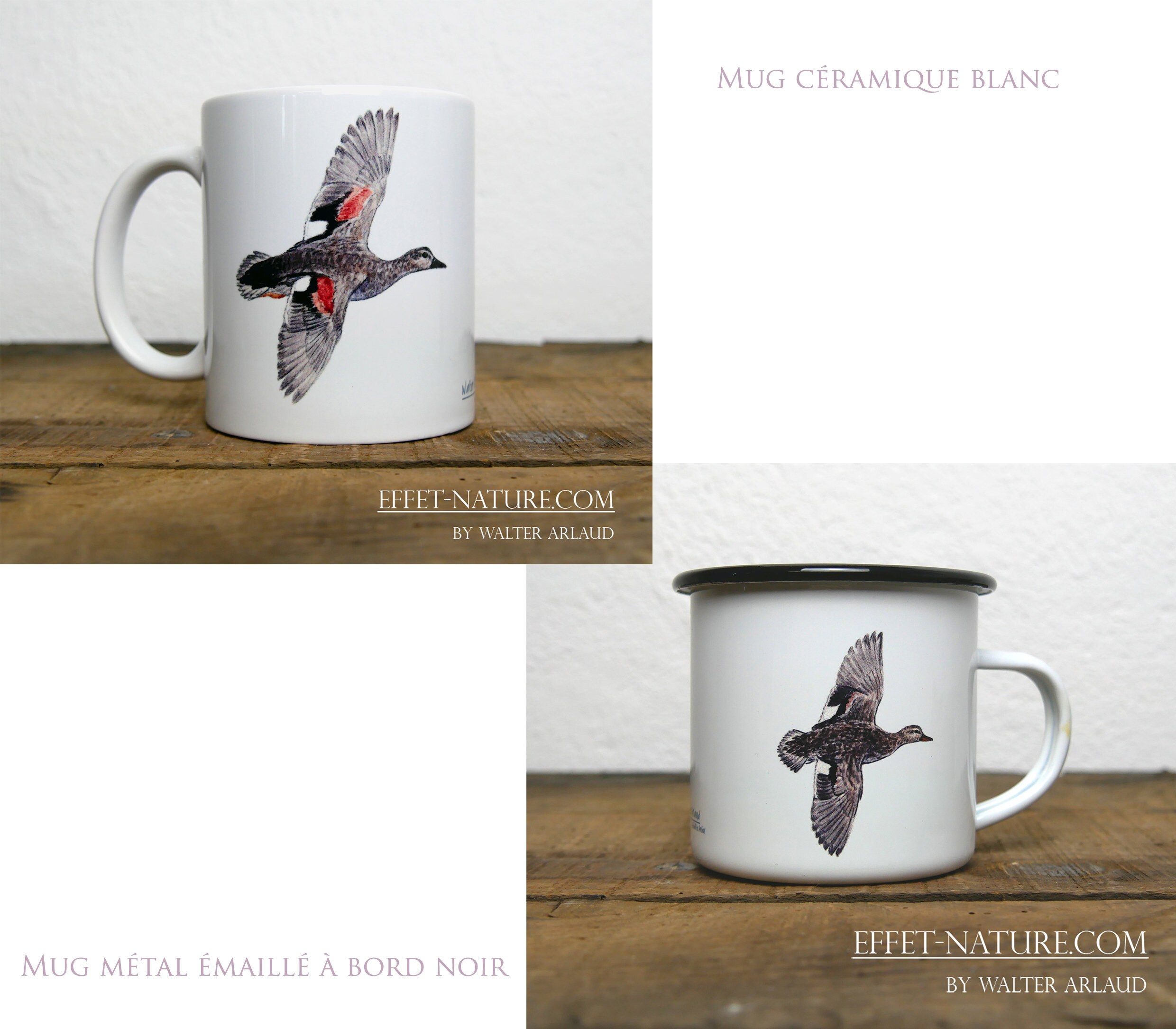 Mugs Céramique/Métal Illustration Canard Chipeau | Mâle et Femelle Signé Par L'artiste Walter Arlaud