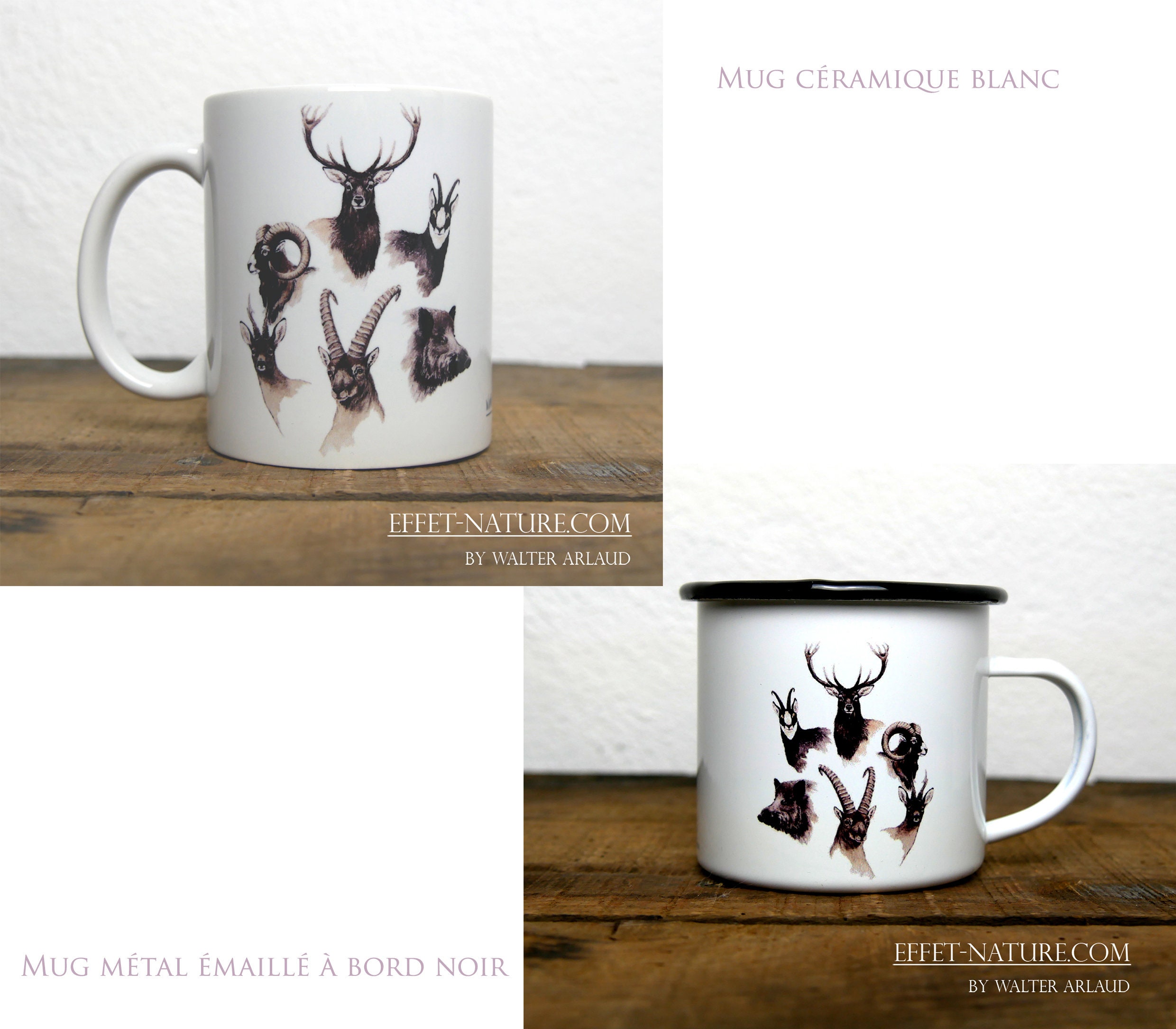 Mugs Céramique/Métal Portraits Grands Animaux d'europe Illustration Couleur Signée Par L'artiste Ani