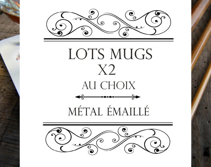 Lot au choix de 2 mugs en métal émaillé blanc à bordures noires  illustrations couleurs signé par l'artiste Walter Arlaud