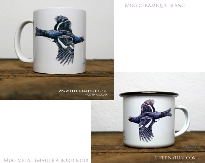 Mugs ceramic/metal white illustration Black grouse signed by the artist Walter Arlaud drawing in color