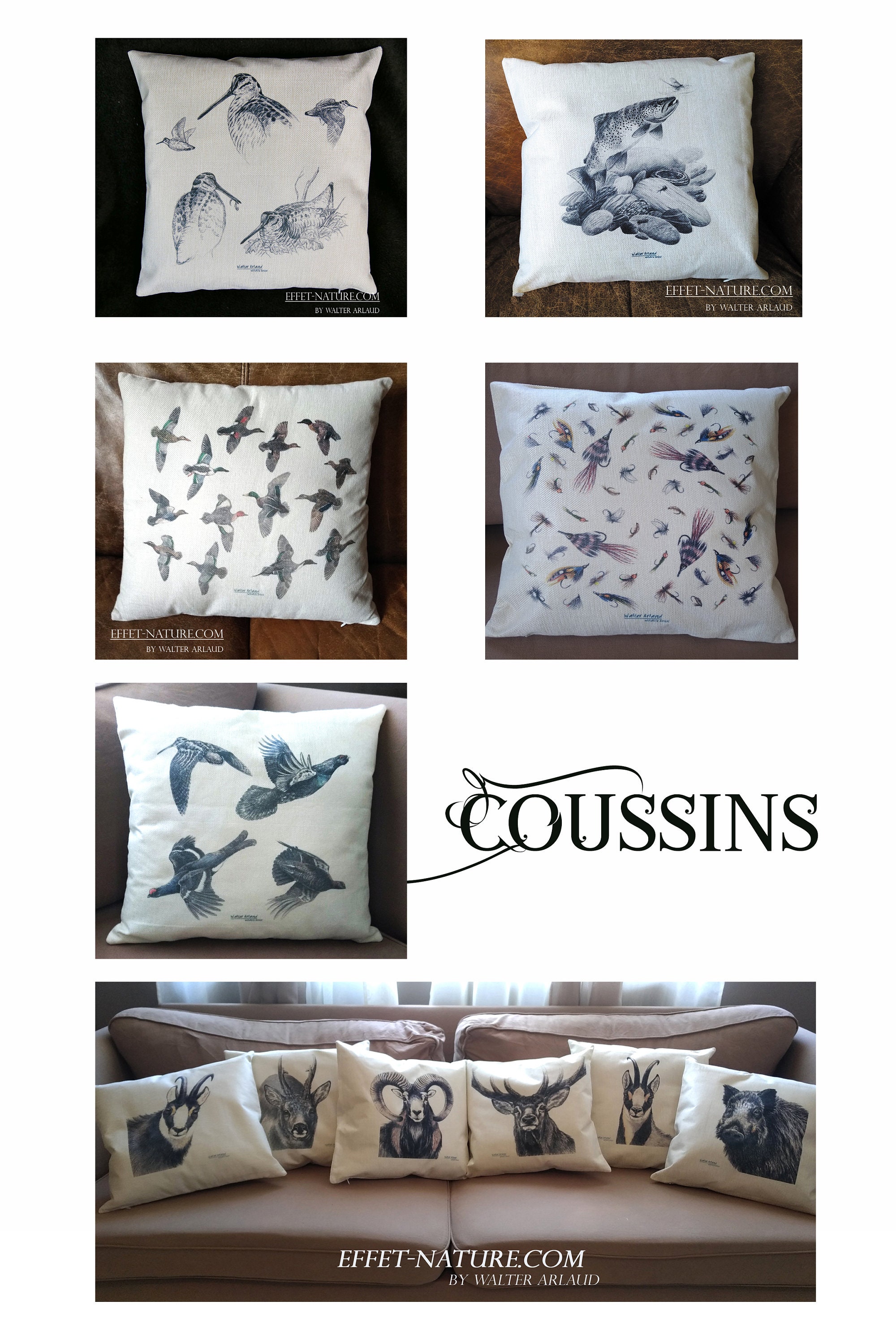 Coussins Décoratifs Animaliers en Toile Écrue | Aspect Lin Signés Par L'artiste Naturaliste Walter A