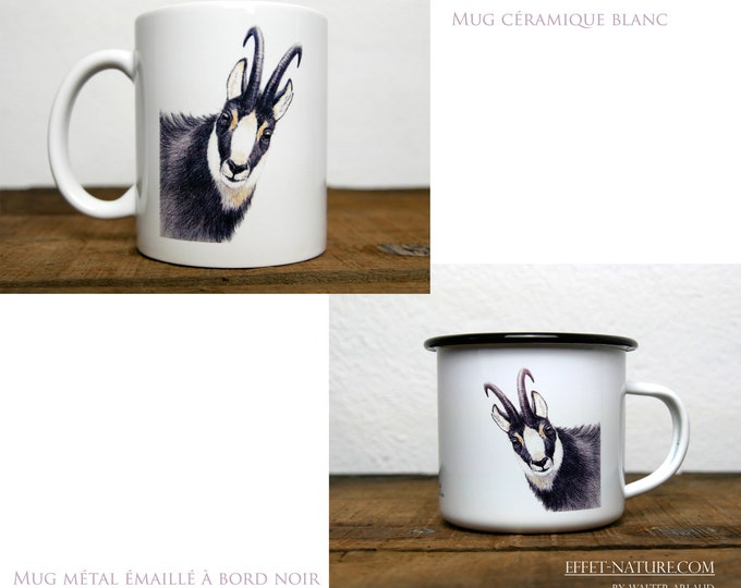Ceramic/metal mugs Portrait of chamois signed by the artist Walter Arlaud Color illustration
