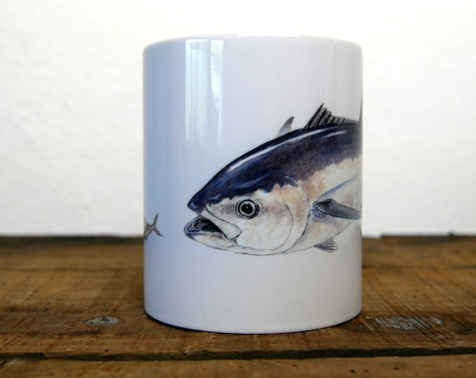 Bluefin tuna mug or white ceramic cup signed by the artist Walter Arlaud