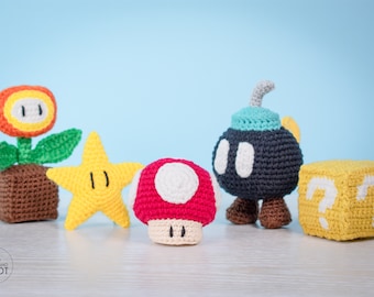 PACK: 5 amigurumi patterns super elements | Crochet toy pattern | Bob-omb | Fire flower | Super mario mushroom | Question mark block | Star