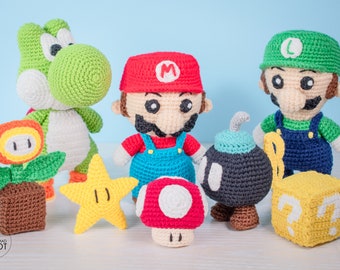 PACK: 8 Amigurumi patterns of Geek Collection | Yoshi, Luigi, Mario, Super Mushroom, Bob-omb, Fire Flower, Super Star, Question mark block