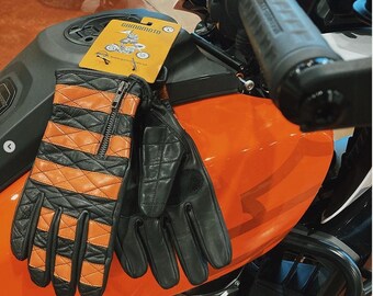 Motorcycle Gloves, Stripe, Harley, Bike Riders, Jailbird HD Leather, Vintage, Chopper, Handmade, Black and Orange, Etsy Leather Gloves Shop