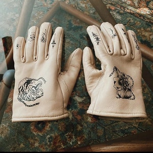 Mara Tattoo Real Leather Handmade Gloves, Unisex, Genuine Calf Skin Hide, Motorcycle Gloves