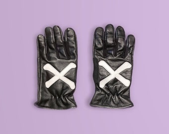 Cross Bones Leather Motorcycle Gloves, Vintage Biker