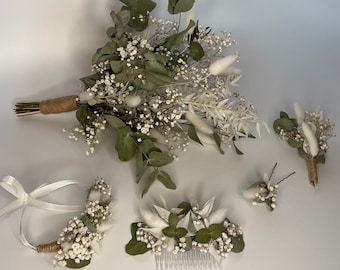 Dried flowers wedding bridal bouquet boho bracelet wedding band boutonniere clip on groom hair comb