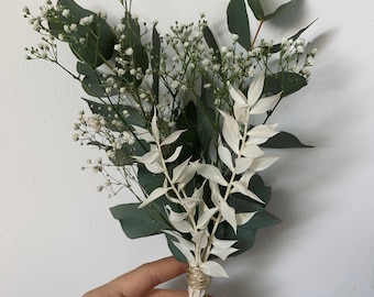 Trockenblumenstrauß Bouquet mit Vase Eukalyptus Schleierkraut Ruskus Klein