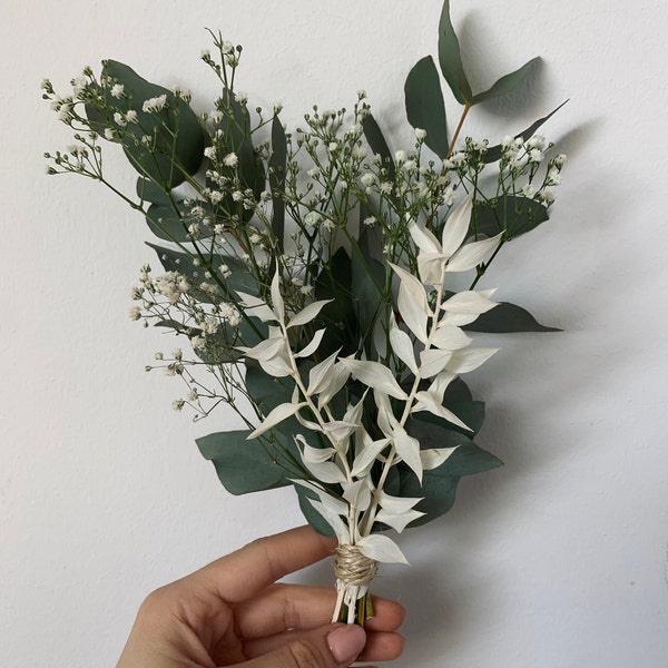 Trockenblumenstrauß Bouquet mit Vase Eukalyptus Schleierkraut Ruskus Klein