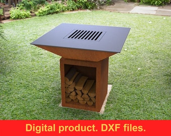 Fire pit square 38&quot; niche for firewood, DXF files for plasma, laser, CNC. Wood Grill, Barbecue. Firepit bbq. Outdoor campfire pit. DIY