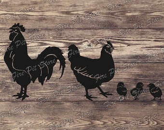 Chicken, Rooster, Chicks. Vector art file. Digital files dxf, svg, png, ai, eps, cdr for plasma, laser, waterjet, CNC and for printing.