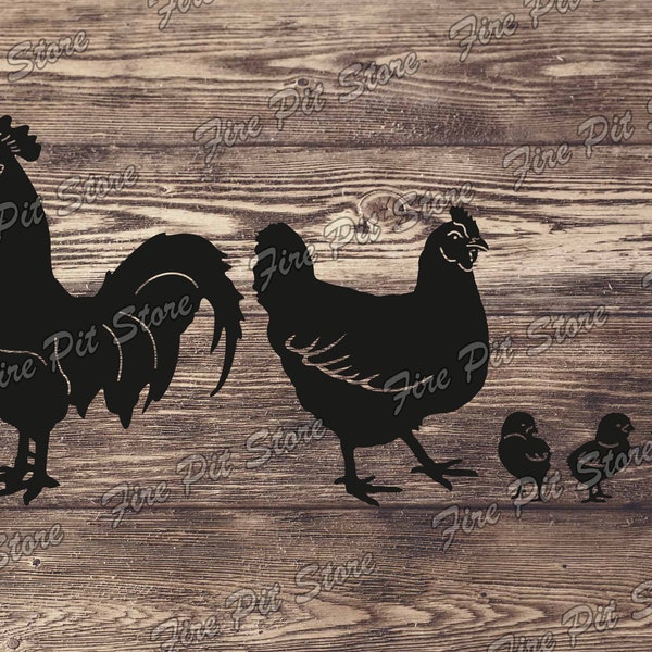 Chicken, Rooster, Chicks. Vector art file. Digital files dxf, svg, png, ai, eps, cdr for plasma, laser, waterjet, CNC and for printing.