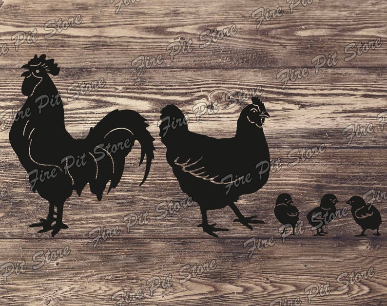Chicken, Rooster, Chicks. Vector art file. Digital files dxf, svg, png, ai, eps, cdr for plasma, laser, waterjet, CNC and for printing. image 1