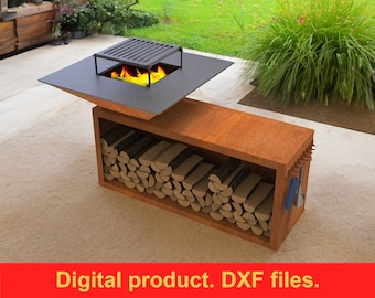 Fire pit square niche for firewood V2, DXF files for plasma, laser, CNC. Wood Grill, Barbecue. Firepit bbq. Outdoor campfire pit. DIY
