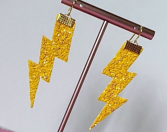 Statement 80s Yellow Chunky Glitter Lightning Bolt Disco Earrings on gold plated wires  by longdogcraft LDC UK fancy dress PARTY hen do gift