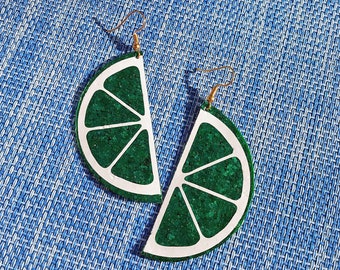 Lime Slice Fruit Glitter Faux Leather and Vinyl Earrings Totally Kitsch Totally Crazy  by longdogcraft LDC UK make a great gift