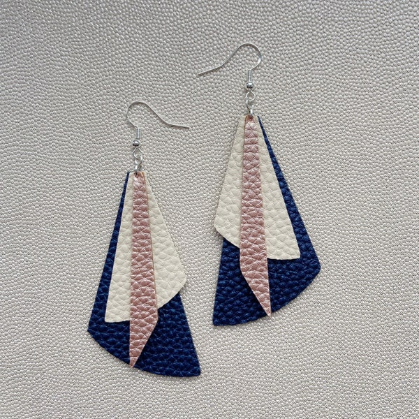 Metallic Blue, Cream and Pink Faux Leather 3 Tier Geometric Style Earrings by longdogcraft LDC UK great gift!