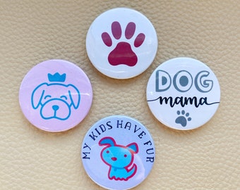 Dog Mum Pet Lover Badge Button set of 4 38mm pin back badges or fridge magnets, Puppy badge and magnet multi pack by LDC longdogcraft