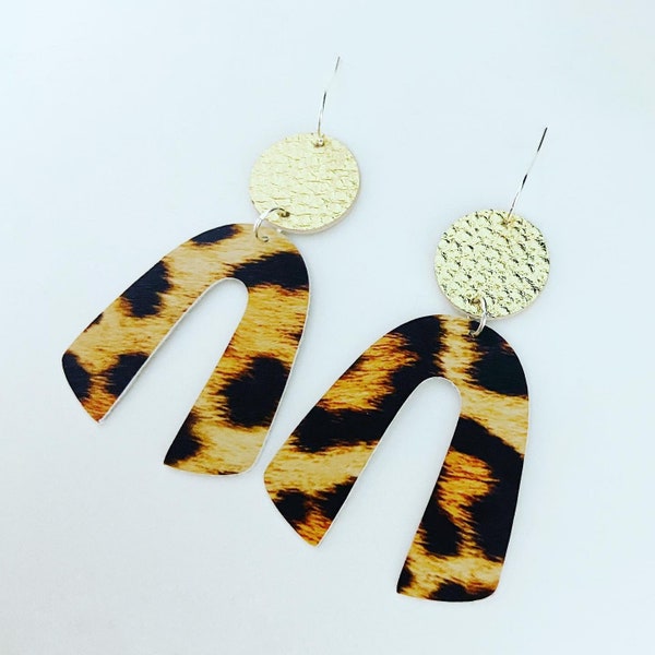 Medium Leopard and Gold Faux Leather Earrings, Arch Earrings, Rainbow Earrings, Horseshoe Earrings, Statement Earrings, Lightweight earrings